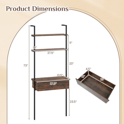 4-Tier Ladder Bookshelf With Drawer, Metal Frame, Rustic Brown