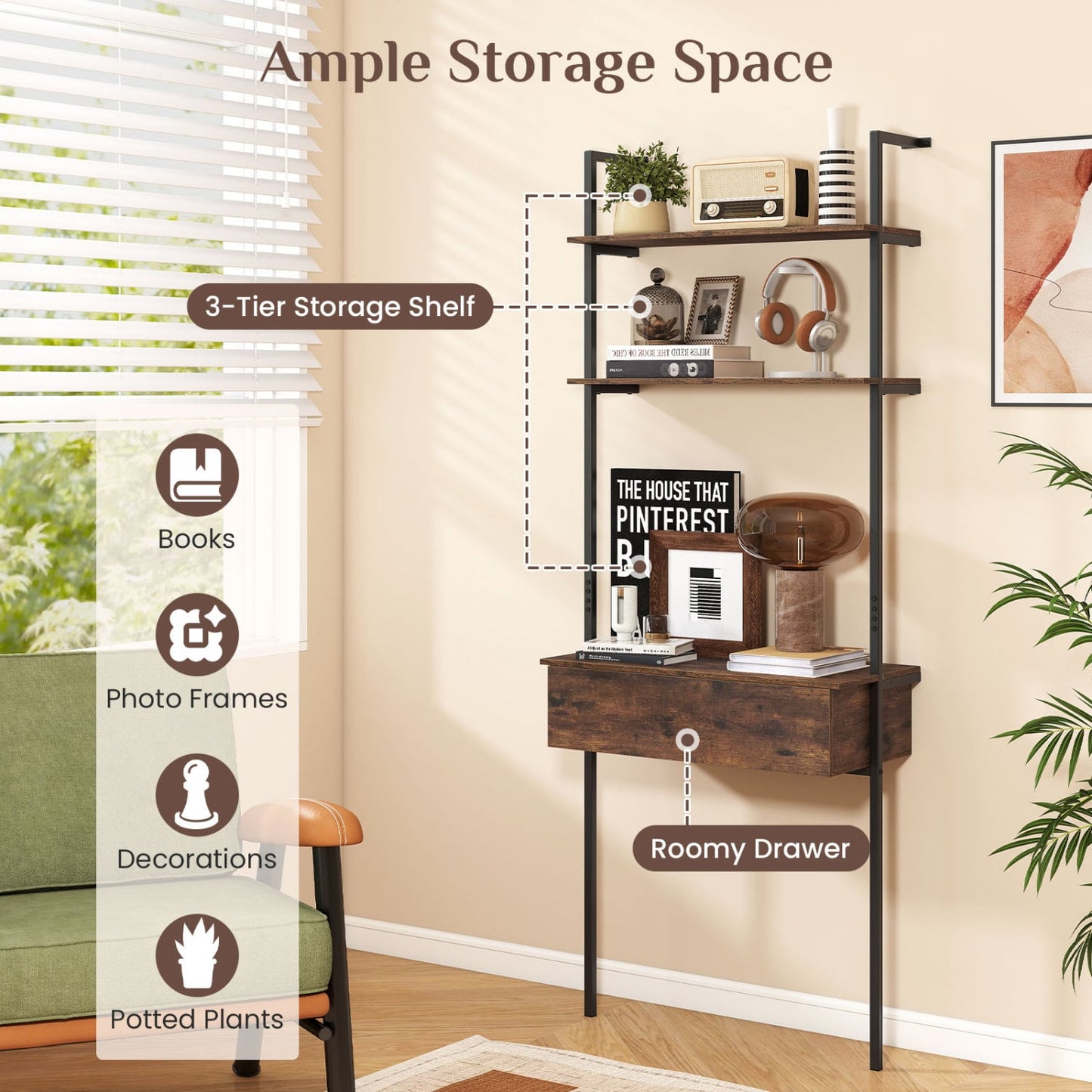4-Tier Ladder Bookshelf With Drawer, Metal Frame, Rustic Brown