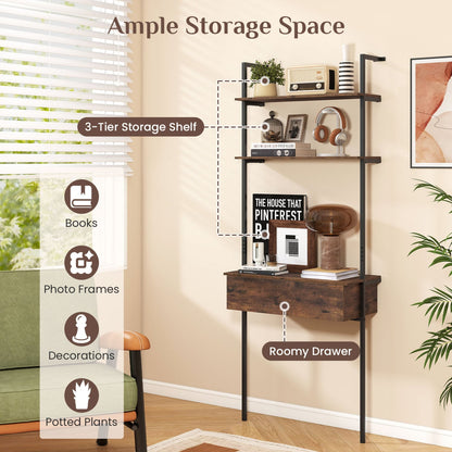 4-Tier Ladder Bookshelf With Drawer, Metal Frame, Rustic Brown