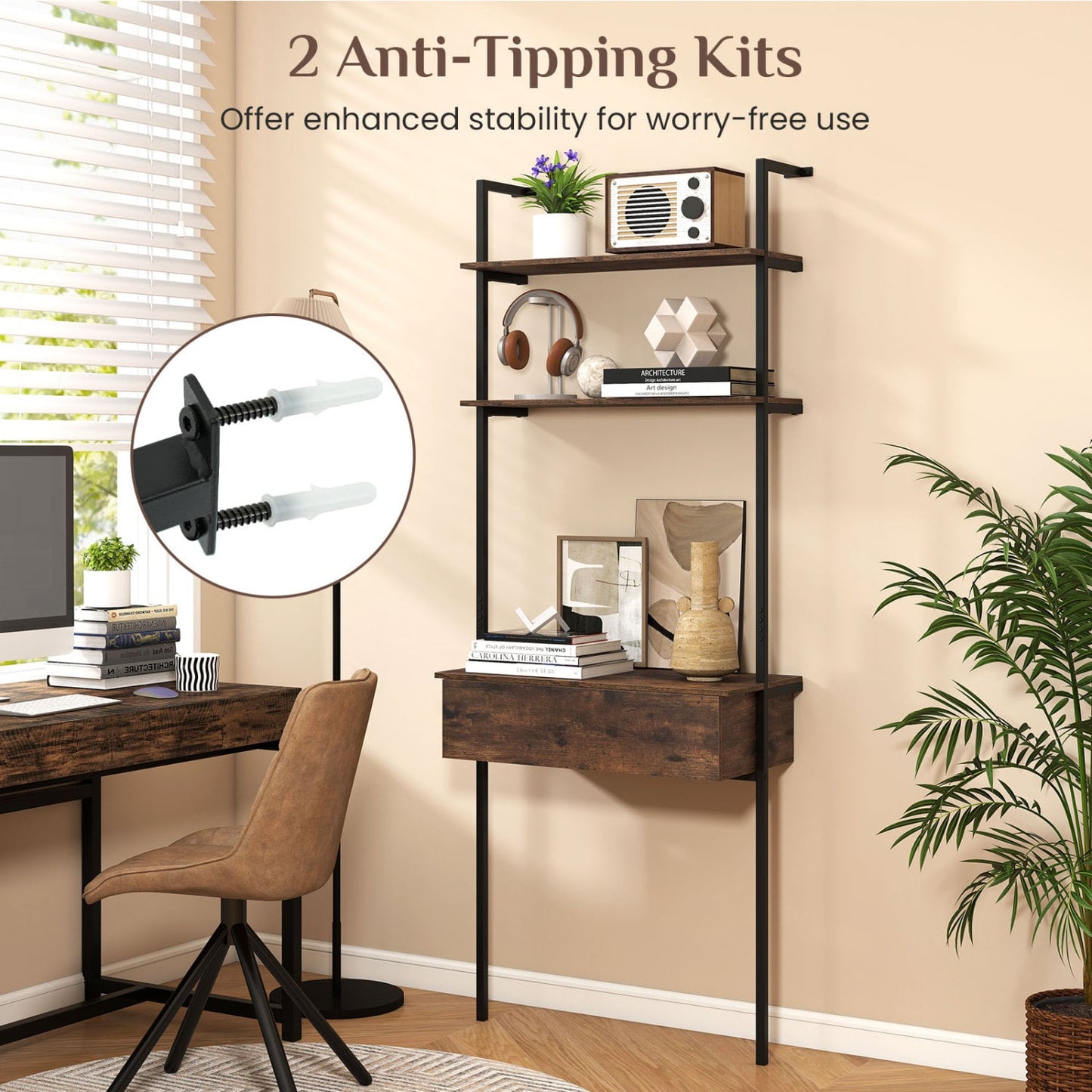 4-Tier Ladder Bookshelf With Drawer, Metal Frame, Rustic Brown