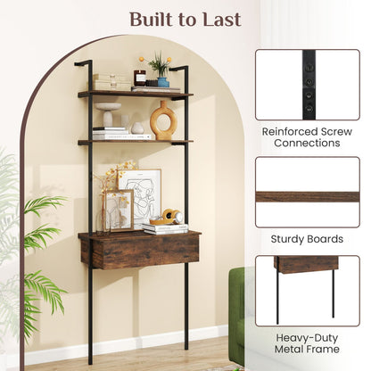 4-Tier Ladder Bookshelf With Drawer, Metal Frame, Rustic Brown