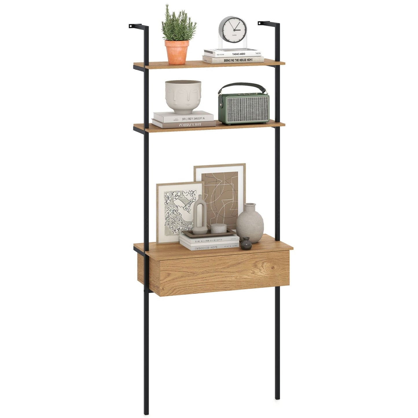 4-Tier Ladder Bookshelf With Drawer, Natural