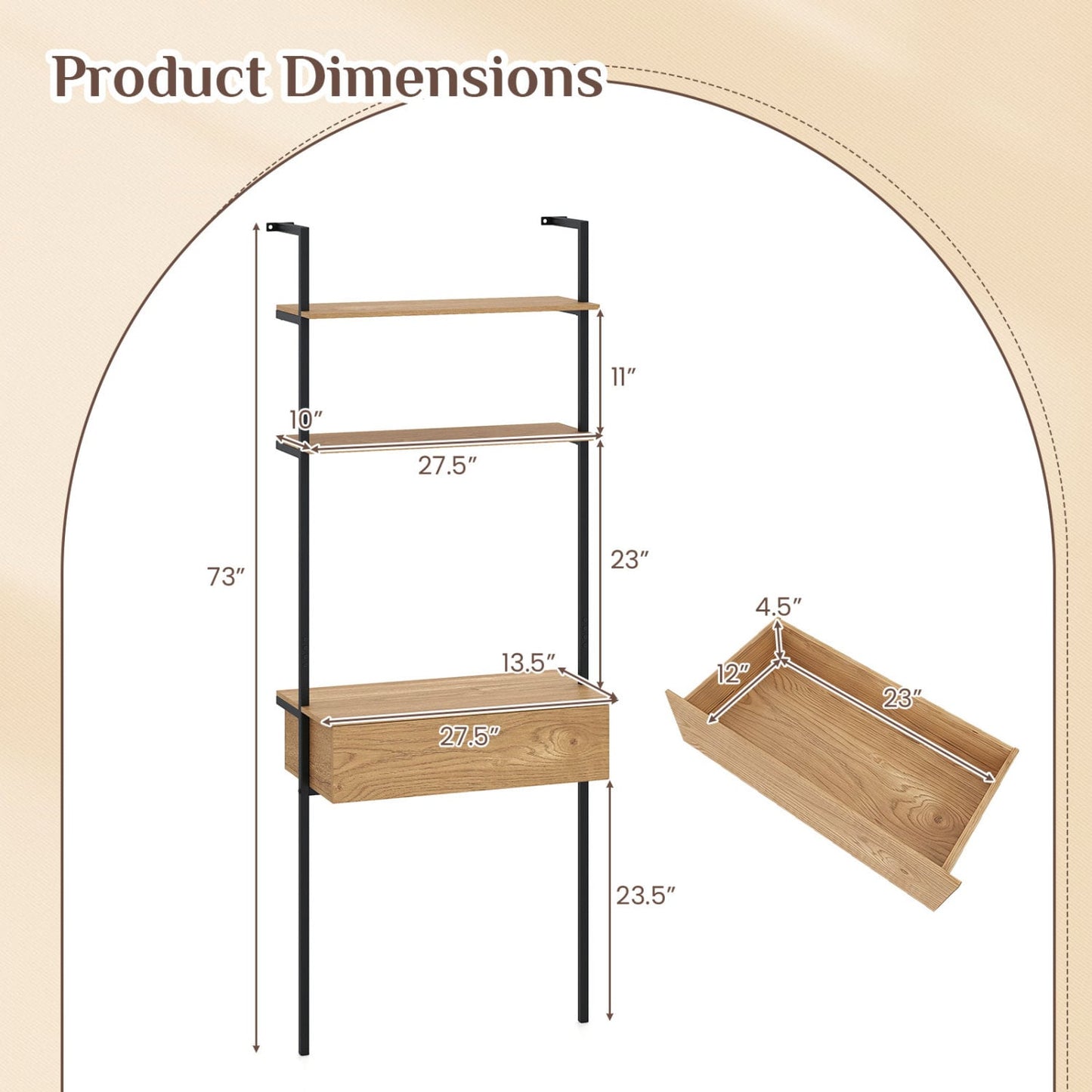 4-Tier Ladder Bookshelf With Drawer, Natural