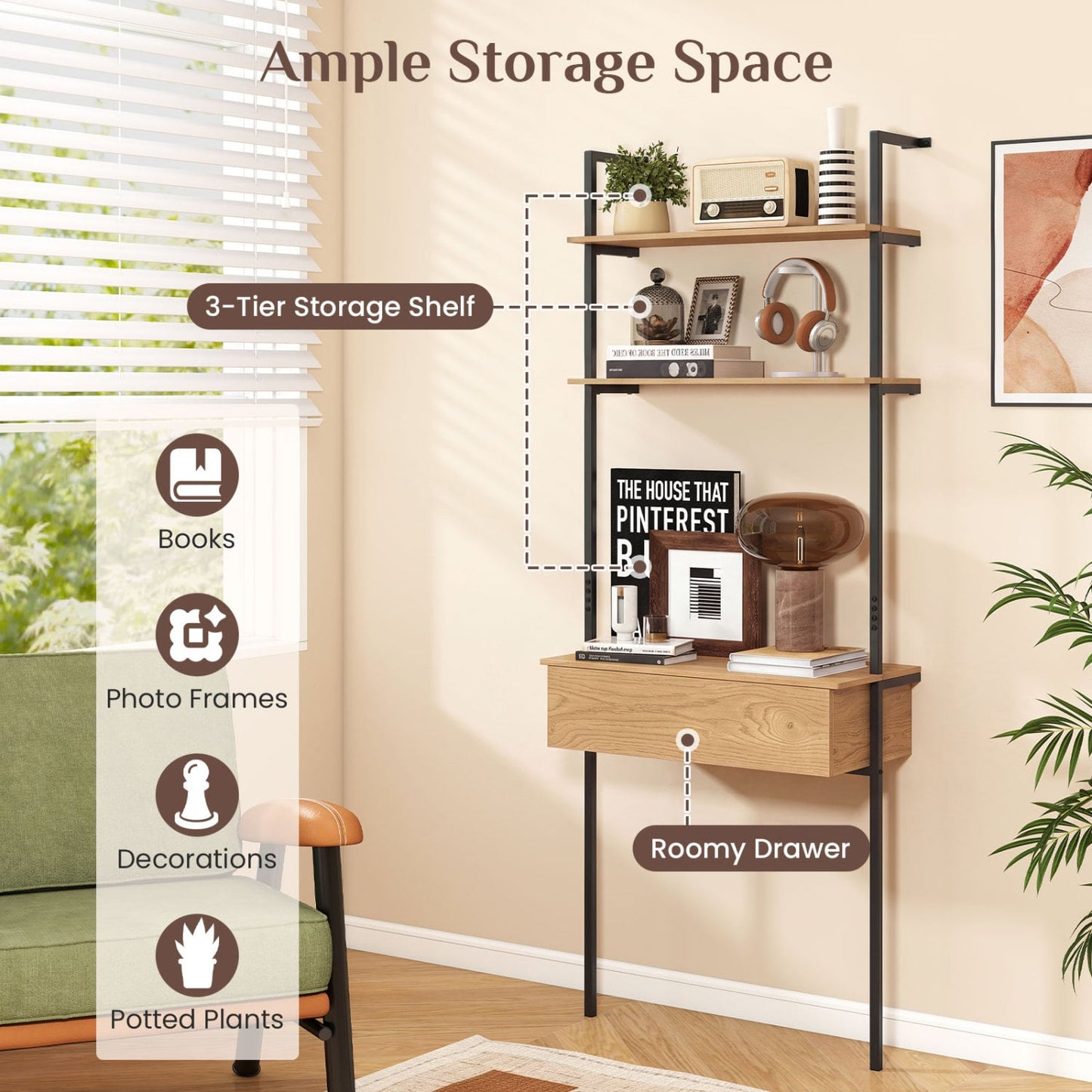 4-Tier Ladder Bookshelf With Drawer, Natural