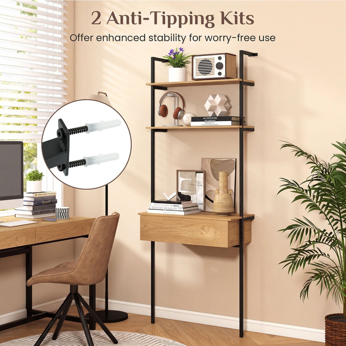 4-Tier Ladder Bookshelf With Drawer, Natural