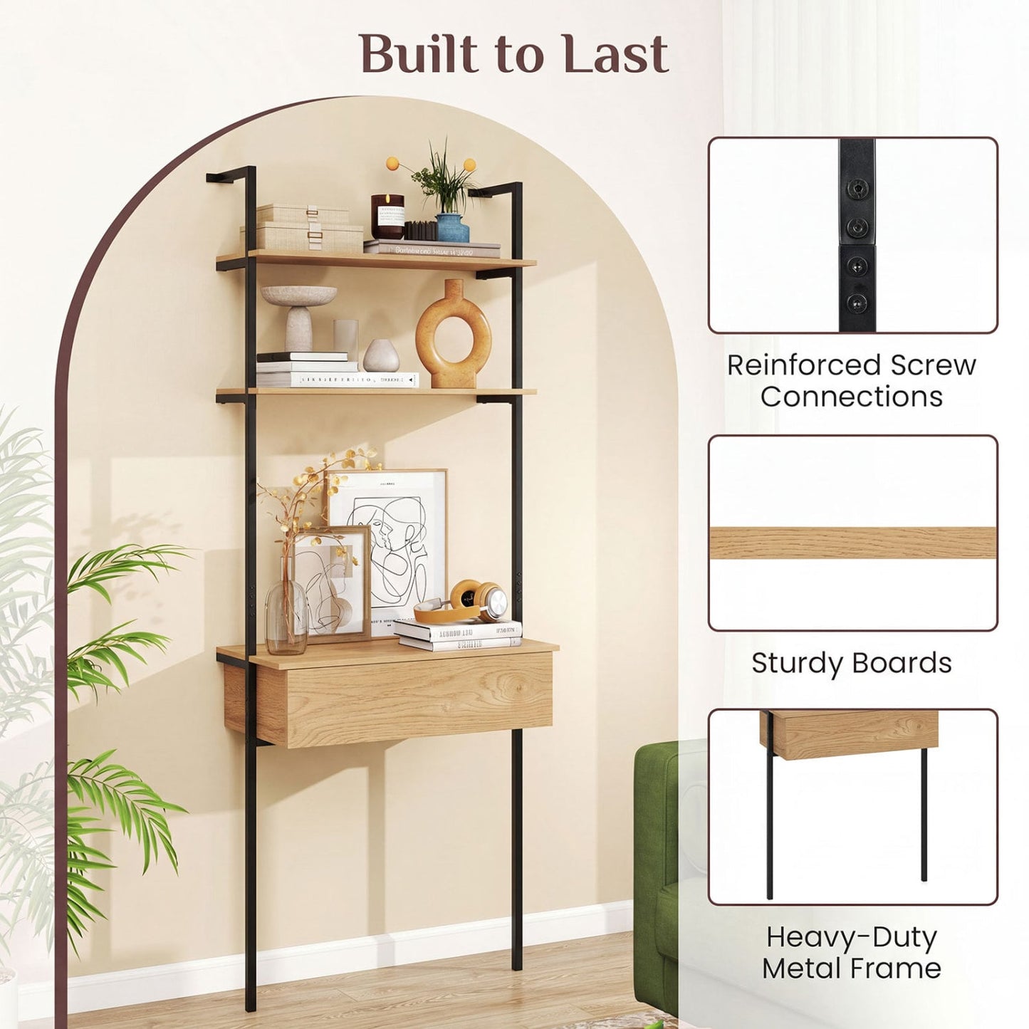 4-Tier Ladder Bookshelf With Drawer, Natural
