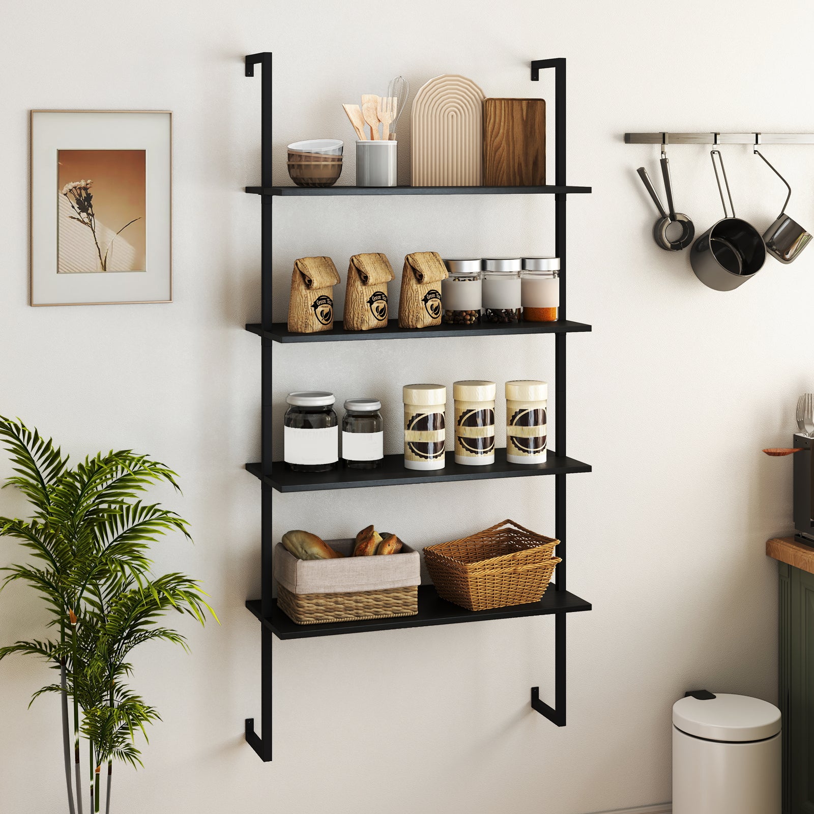 4-Tier Ladder Shelf Open Wall Mounted Bookcase with Wooden Boards and Metal Frame, Black Bookcases at Gallery Canada