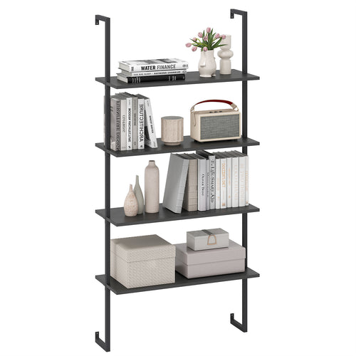 4-Tier Ladder Shelf Open Wall Mounted Bookcase with Wooden Boards and Metal Frame, Black