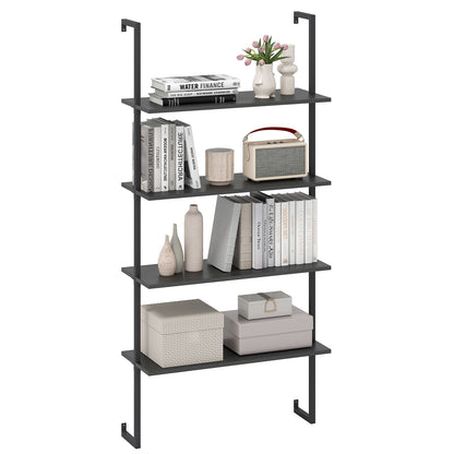 4-Tier Ladder Shelf Open Wall Mounted Bookcase with Wooden Boards and Metal Frame, Black Bookcases at Gallery Canada