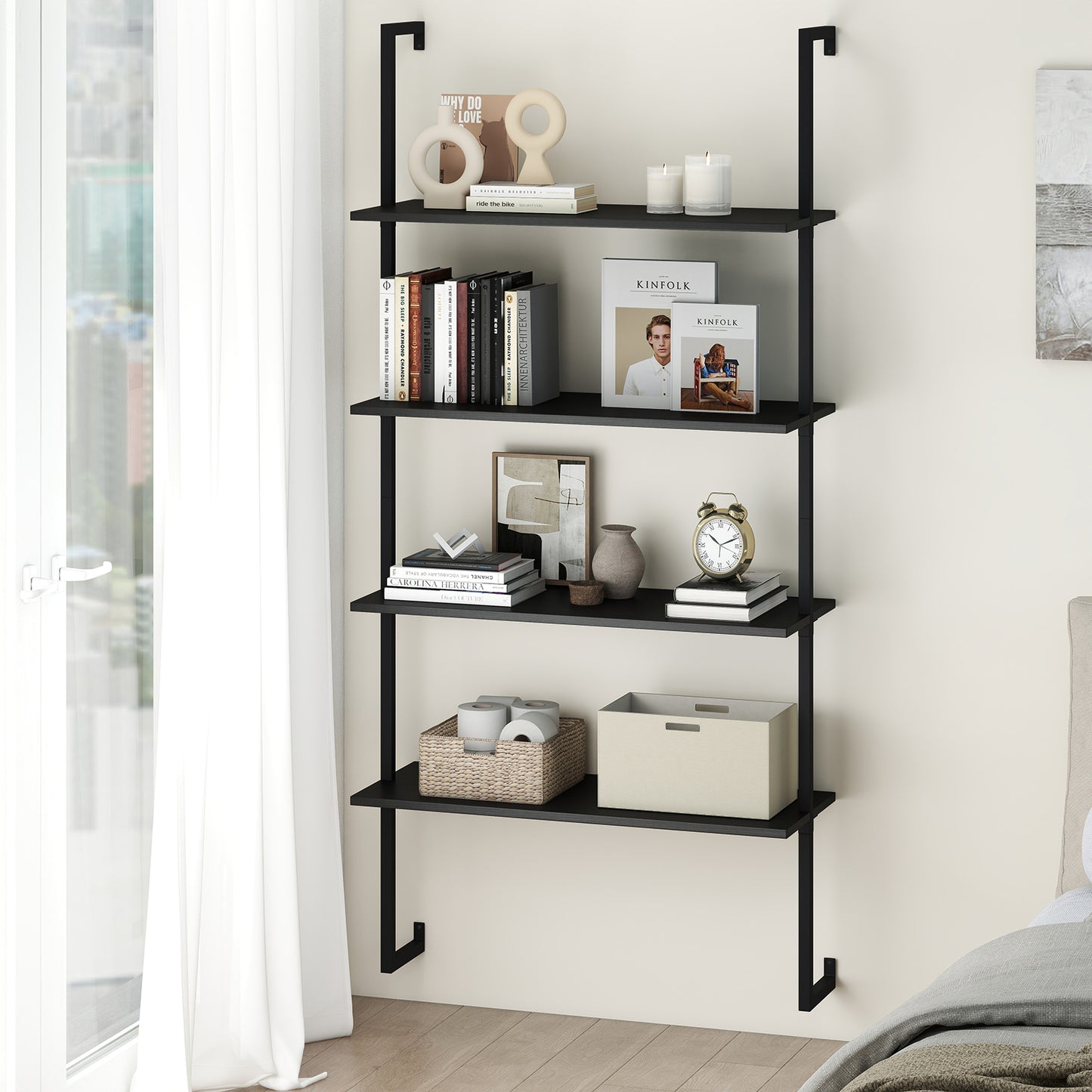 4-Tier Ladder Shelf Open Wall Mounted Bookcase with Wooden Boards and Metal Frame, Black Bookcases at Gallery Canada