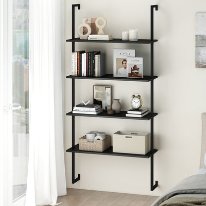 4-Tier Ladder Shelf Open Wall Mounted Bookcase with Wooden Boards and Metal Frame, Black Bookcases at Gallery Canada