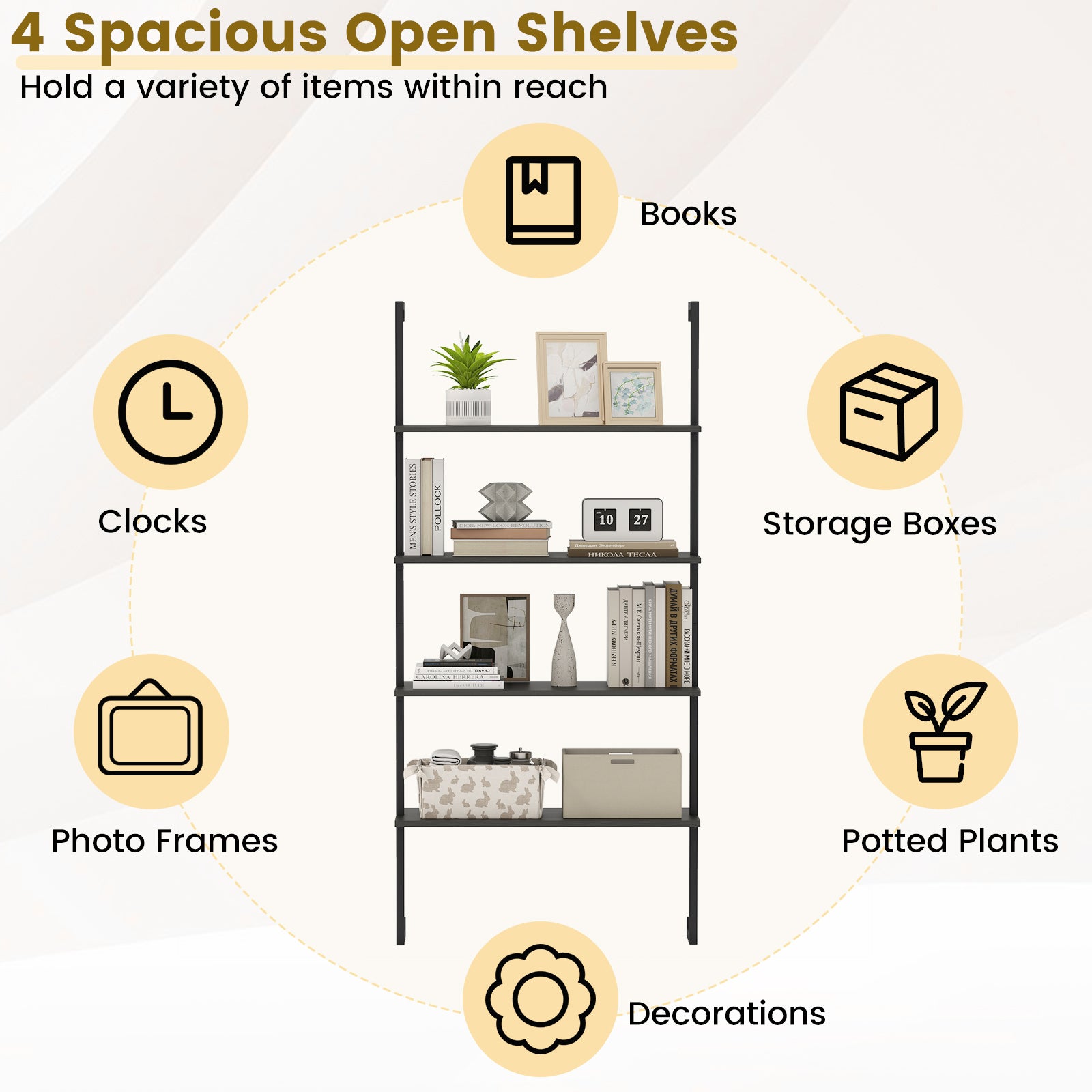 4-Tier Ladder Shelf Open Wall Mounted Bookcase with Wooden Boards and Metal Frame, Black Bookcases at Gallery Canada