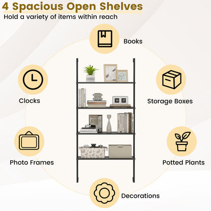 4-Tier Ladder Shelf Open Wall Mounted Bookcase with Wooden Boards and Metal Frame, Black Bookcases at Gallery Canada