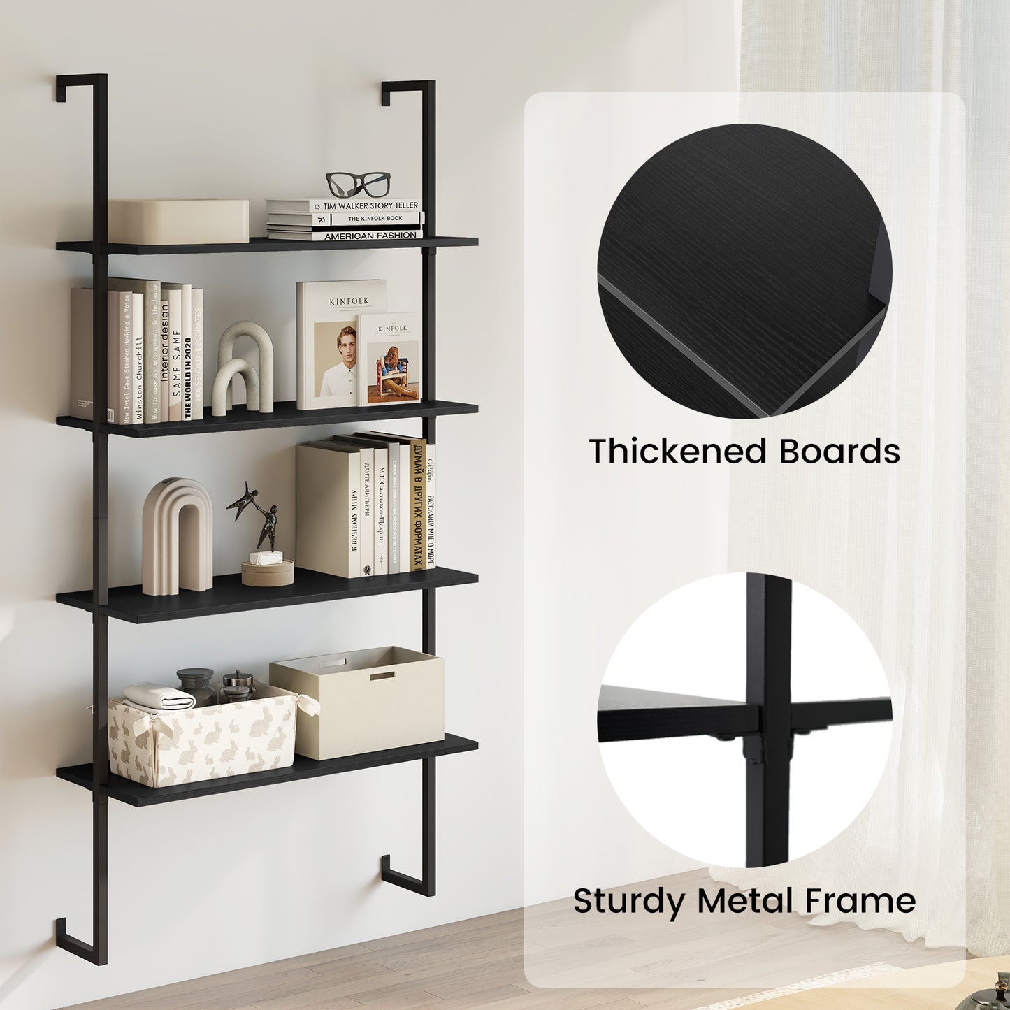 4-Tier Ladder Shelf Open Wall Mounted Bookcase with Wooden Boards and Metal Frame, Black Bookcases at Gallery Canada