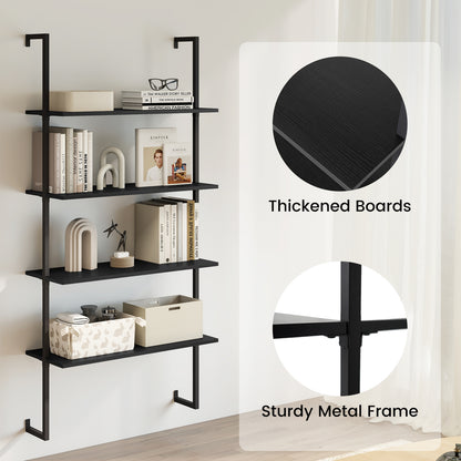 4-Tier Ladder Shelf Open Wall Mounted Bookcase with Wooden Boards and Metal Frame, Black Bookcases at Gallery Canada