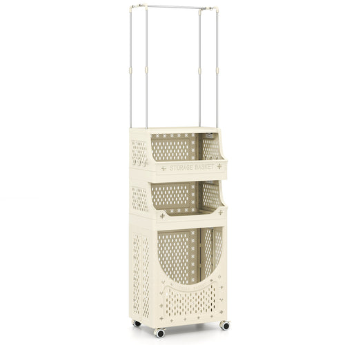 4-Tier Laundry Cart Folding Hamper with Hanging Bar and 8 Hanging Hooks, Beige