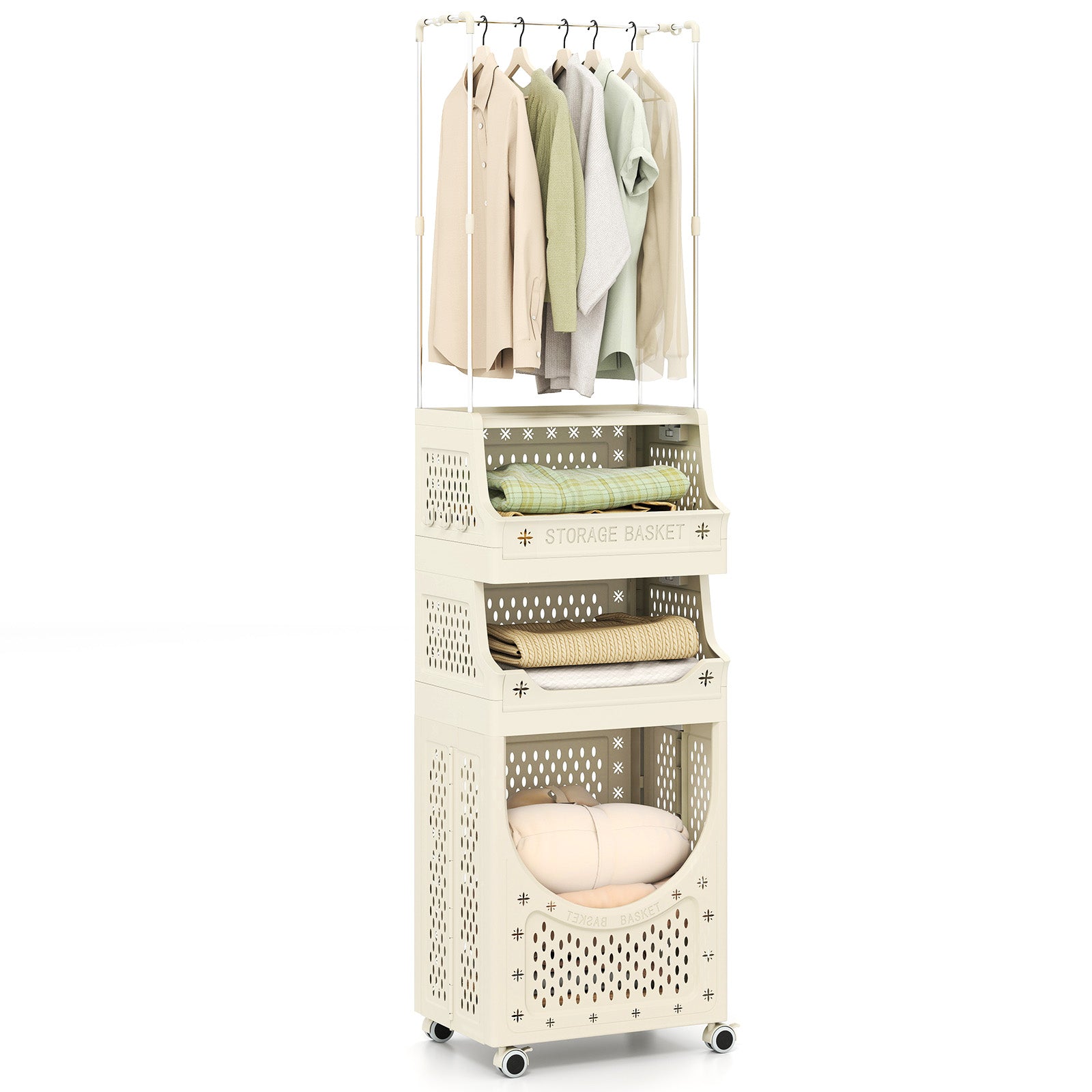 4-Tier Laundry Cart Folding Hamper with Hanging Bar and 8 Hanging Hooks, Beige Laundry Baskets at Gallery Canada