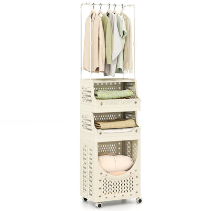 4-Tier Laundry Cart Folding Hamper with Hanging Bar and 8 Hanging Hooks, Beige Laundry Baskets at Gallery Canada