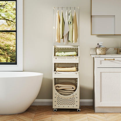 4-Tier Laundry Cart Folding Hamper with Hanging Bar and 8 Hanging Hooks, Beige Laundry Baskets at Gallery Canada