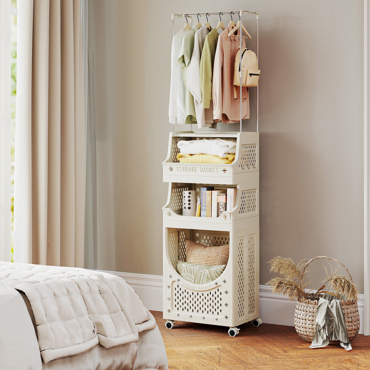 4-Tier Laundry Cart Folding Hamper with Hanging Bar and 8 Hanging Hooks, Beige Laundry Baskets at Gallery Canada