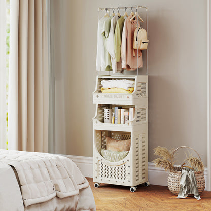 4-Tier Laundry Cart Folding Hamper with Hanging Bar and 8 Hanging Hooks, Beige Laundry Baskets at Gallery Canada