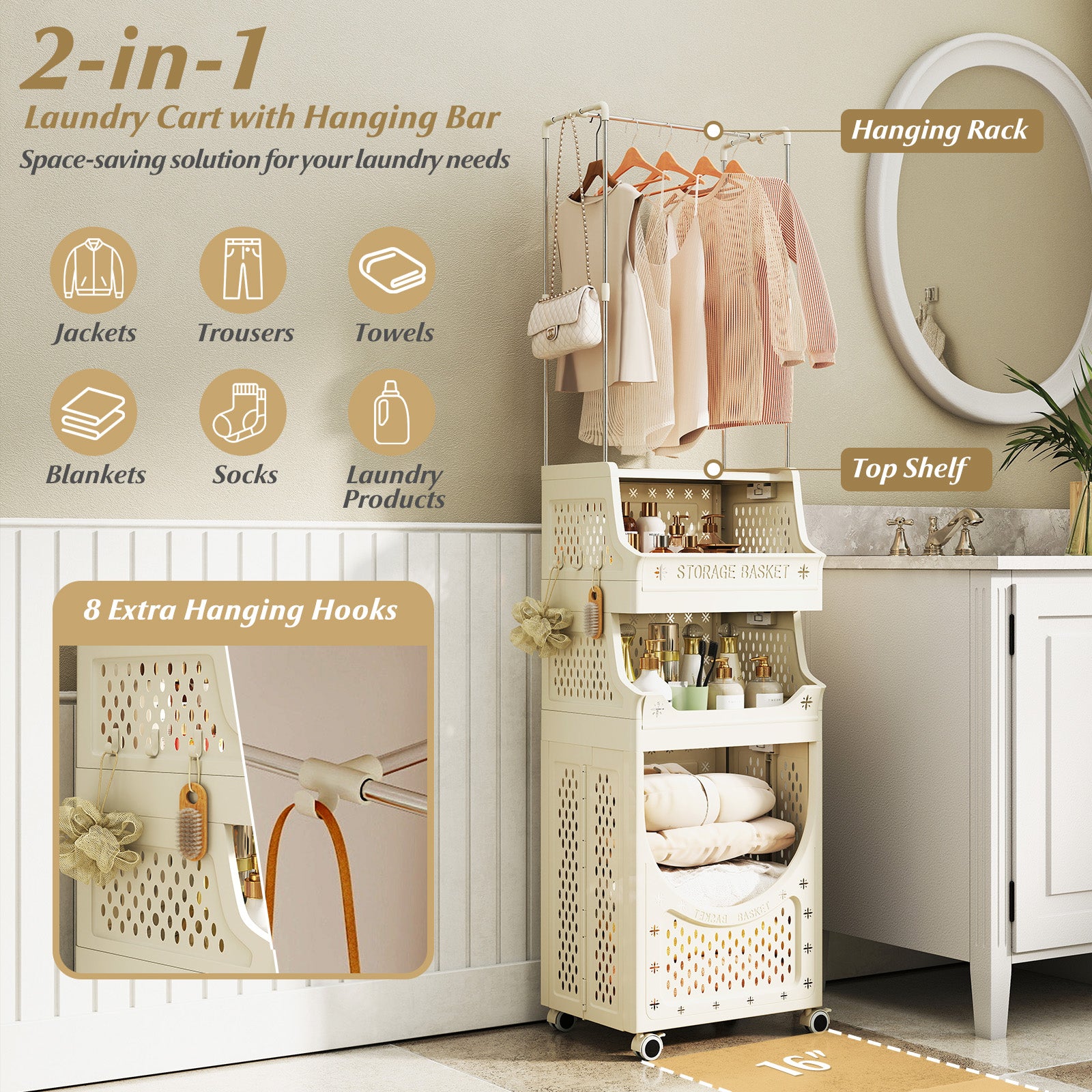 4-Tier Laundry Cart Folding Hamper with Hanging Bar and 8 Hanging Hooks, Beige Laundry Baskets at Gallery Canada