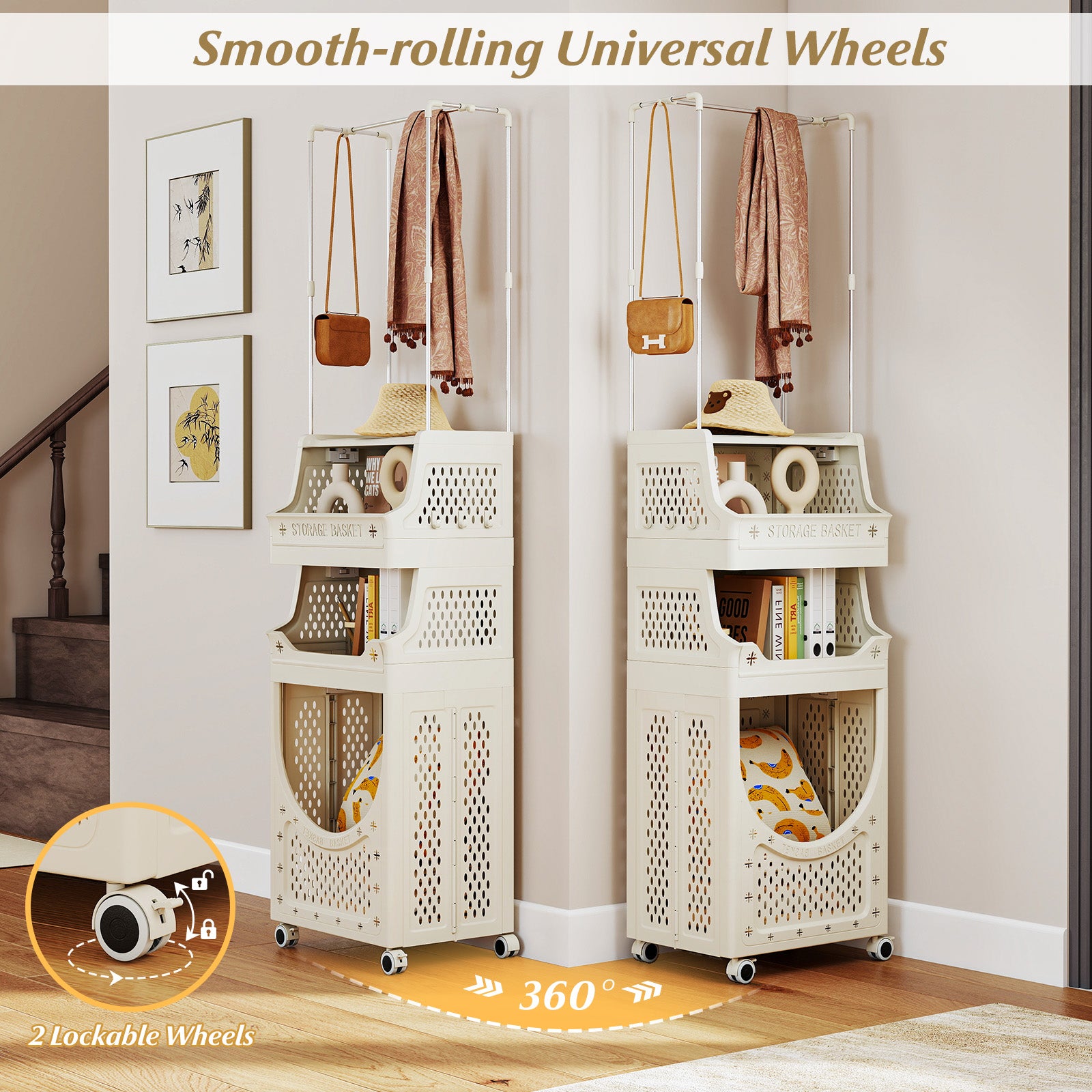 4-Tier Laundry Cart Folding Hamper with Hanging Bar and 8 Hanging Hooks, Beige Laundry Baskets at Gallery Canada