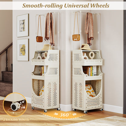 4-Tier Laundry Cart Folding Hamper with Hanging Bar and 8 Hanging Hooks, Beige Laundry Baskets at Gallery Canada