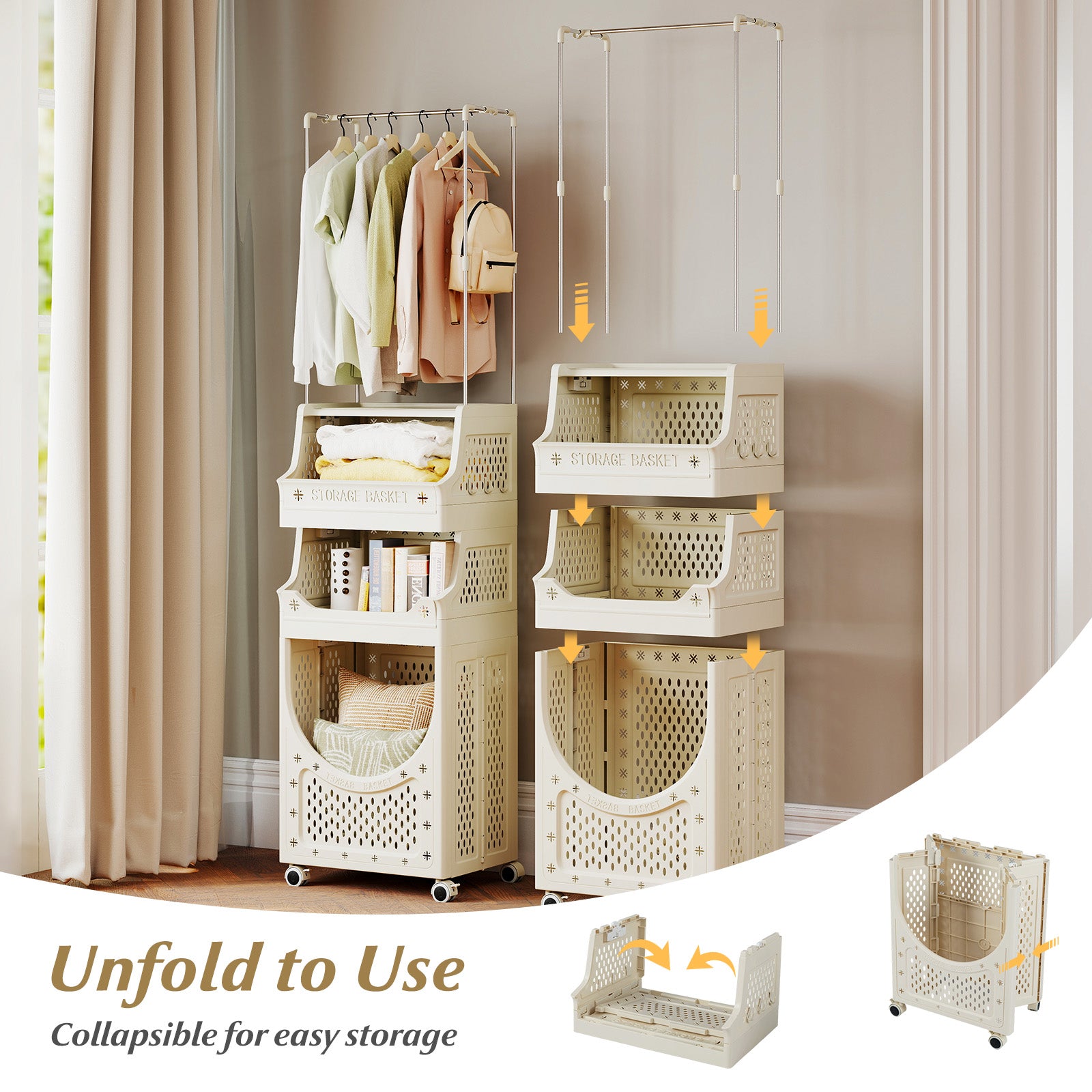 4-Tier Laundry Cart Folding Hamper with Hanging Bar and 8 Hanging Hooks, Beige Laundry Baskets at Gallery Canada