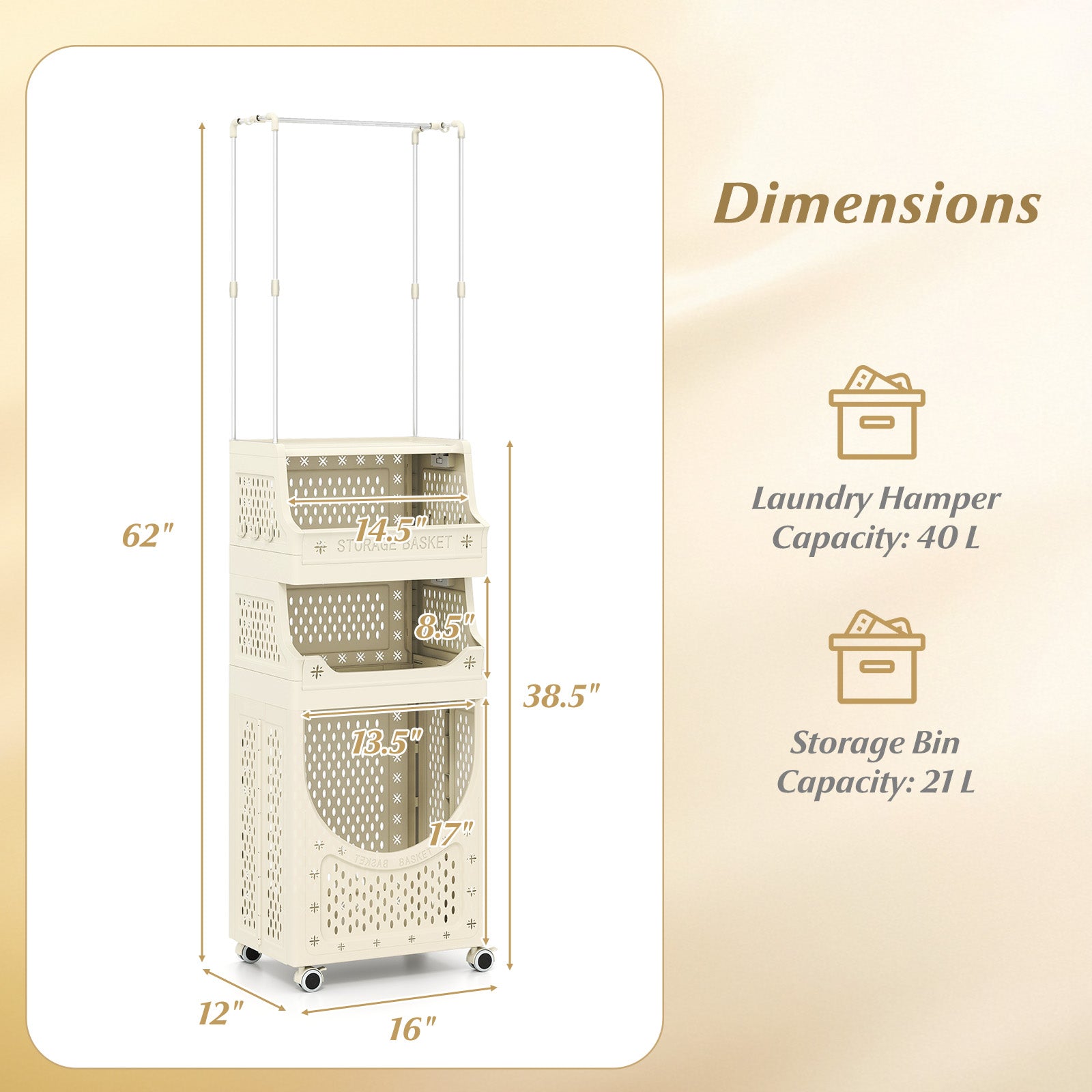 4-Tier Laundry Cart Folding Hamper with Hanging Bar and 8 Hanging Hooks, Beige Laundry Baskets at Gallery Canada
