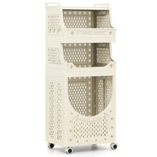4-Tier Laundry Cart, Folding Hamper With Lockable Wheels, Beige