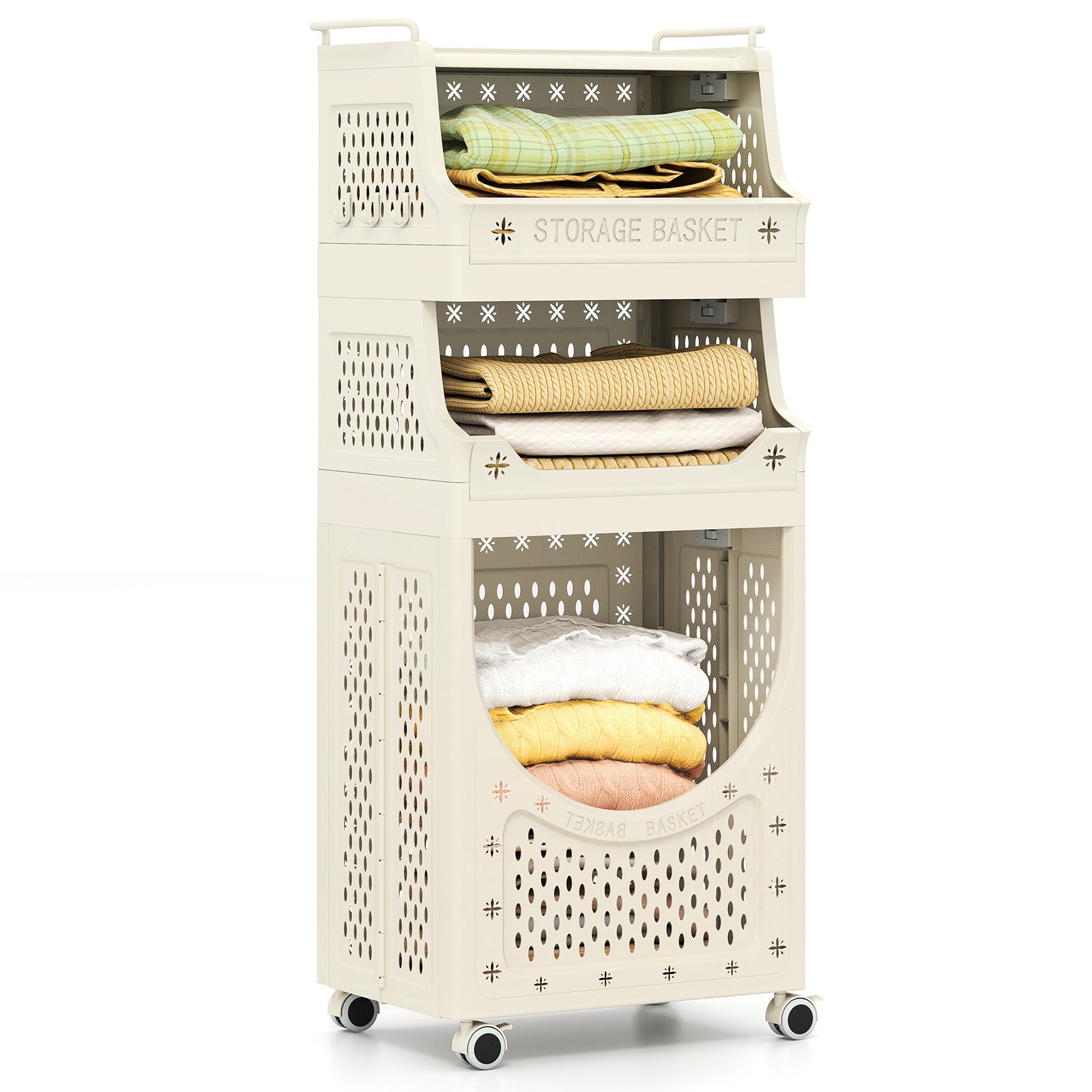 4-Tier Laundry Cart Folding Hamper with Lockable Wheels, Beige Laundry Baskets at Gallery Canada