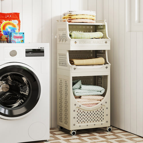 4-Tier Laundry Cart Folding Hamper with Lockable Wheels, Beige