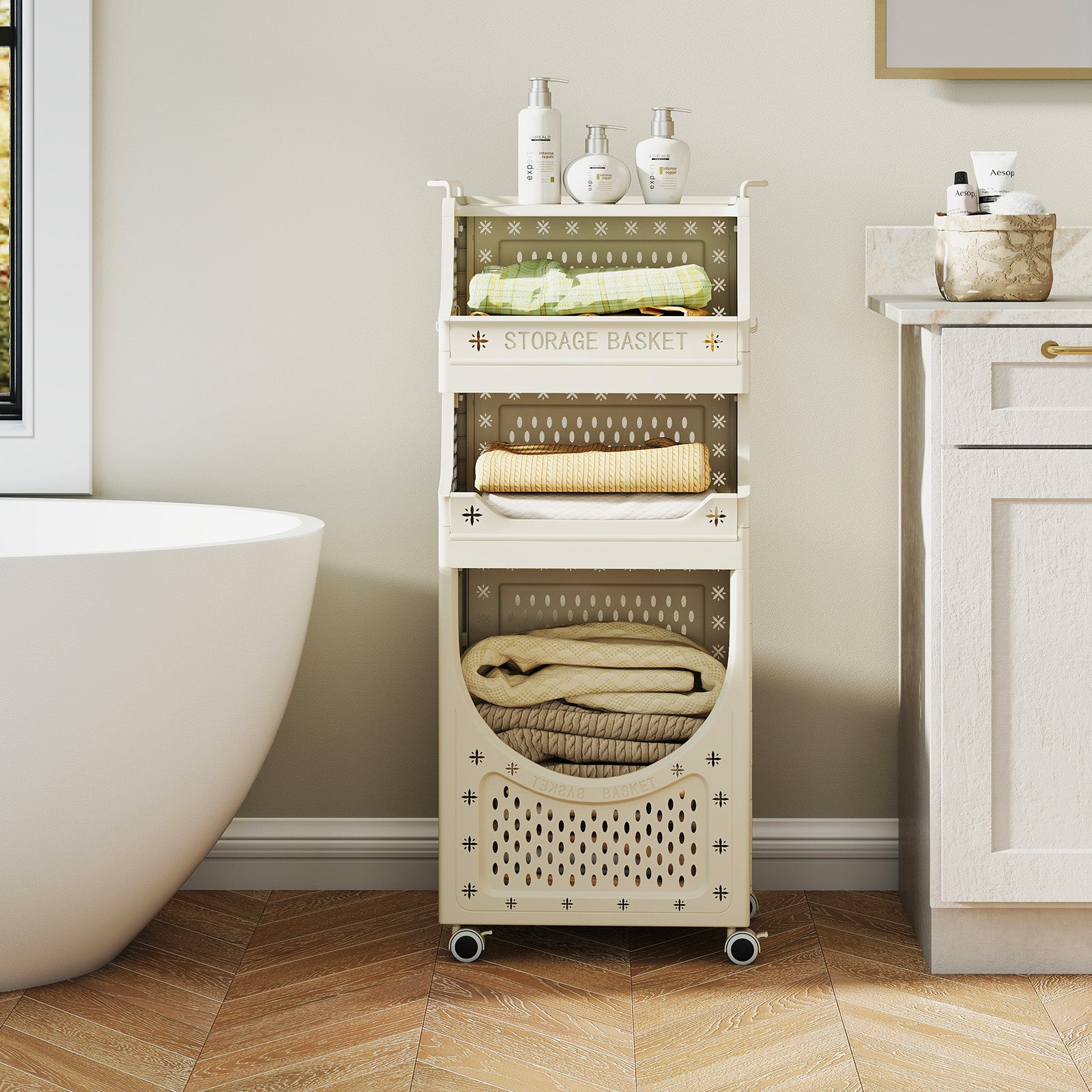 4-Tier Laundry Cart Folding Hamper with Lockable Wheels, Beige Laundry Baskets at Gallery Canada