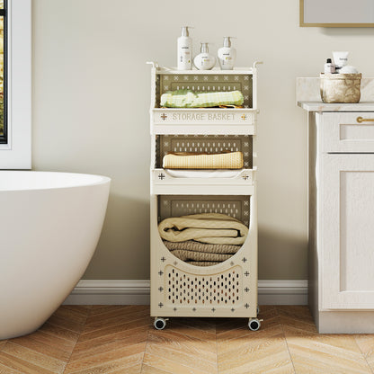 4-Tier Laundry Cart Folding Hamper with Lockable Wheels, Beige Laundry Baskets at Gallery Canada