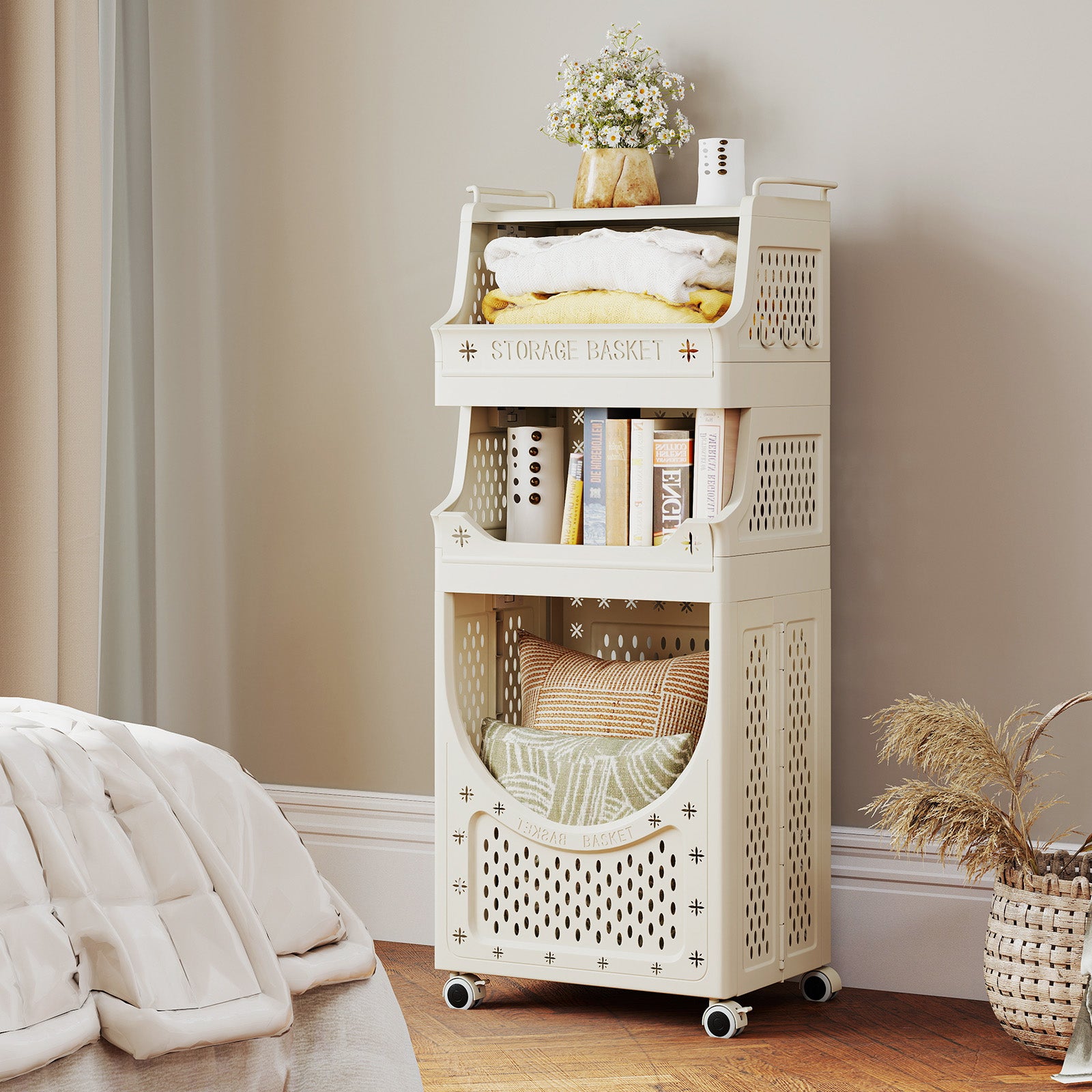 4-Tier Laundry Cart Folding Hamper with Lockable Wheels, Beige Laundry Baskets at Gallery Canada