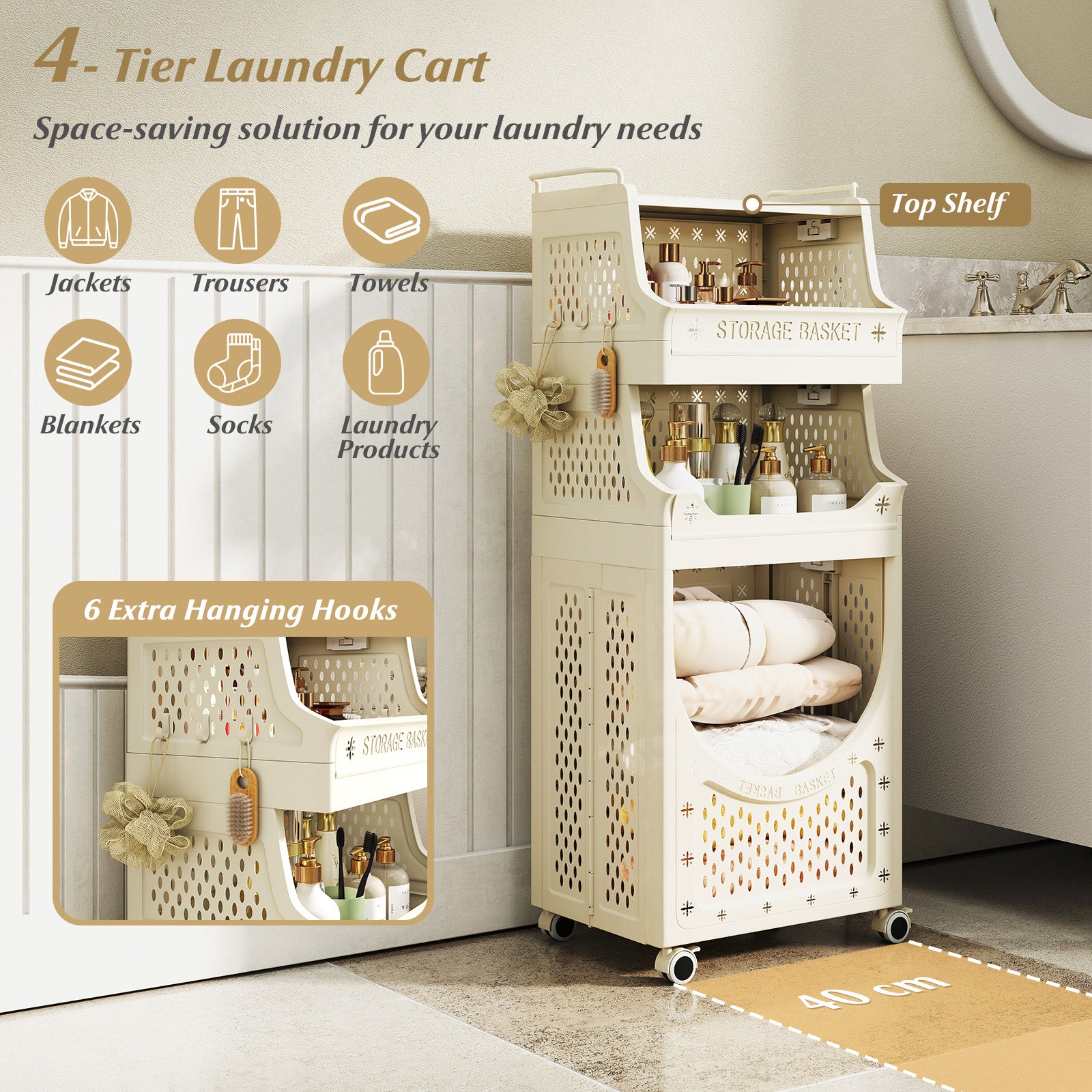 4-Tier Laundry Cart Folding Hamper with Lockable Wheels, Beige Laundry Baskets at Gallery Canada