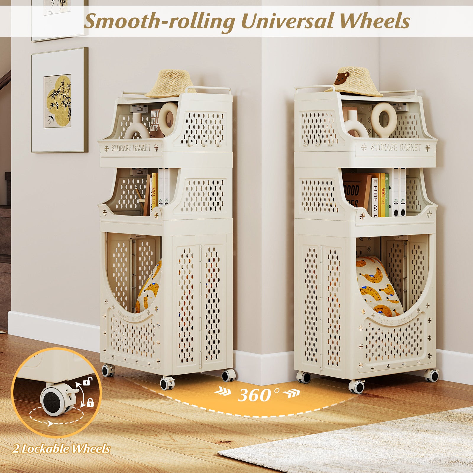 4-Tier Laundry Cart Folding Hamper with Lockable Wheels, Beige Laundry Baskets at Gallery Canada