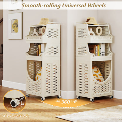 4-Tier Laundry Cart Folding Hamper with Lockable Wheels, Beige Laundry Baskets at Gallery Canada