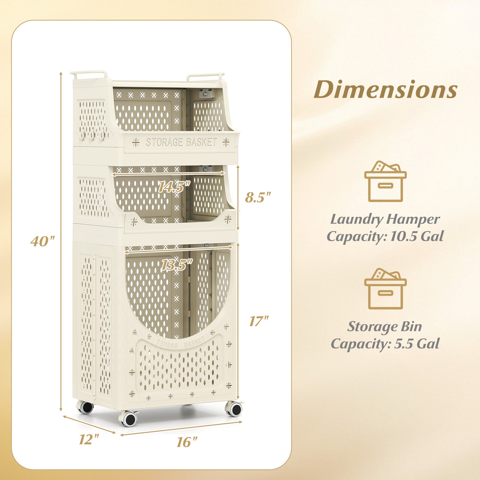 4-Tier Laundry Cart Folding Hamper with Lockable Wheels, Beige Laundry Baskets at Gallery Canada