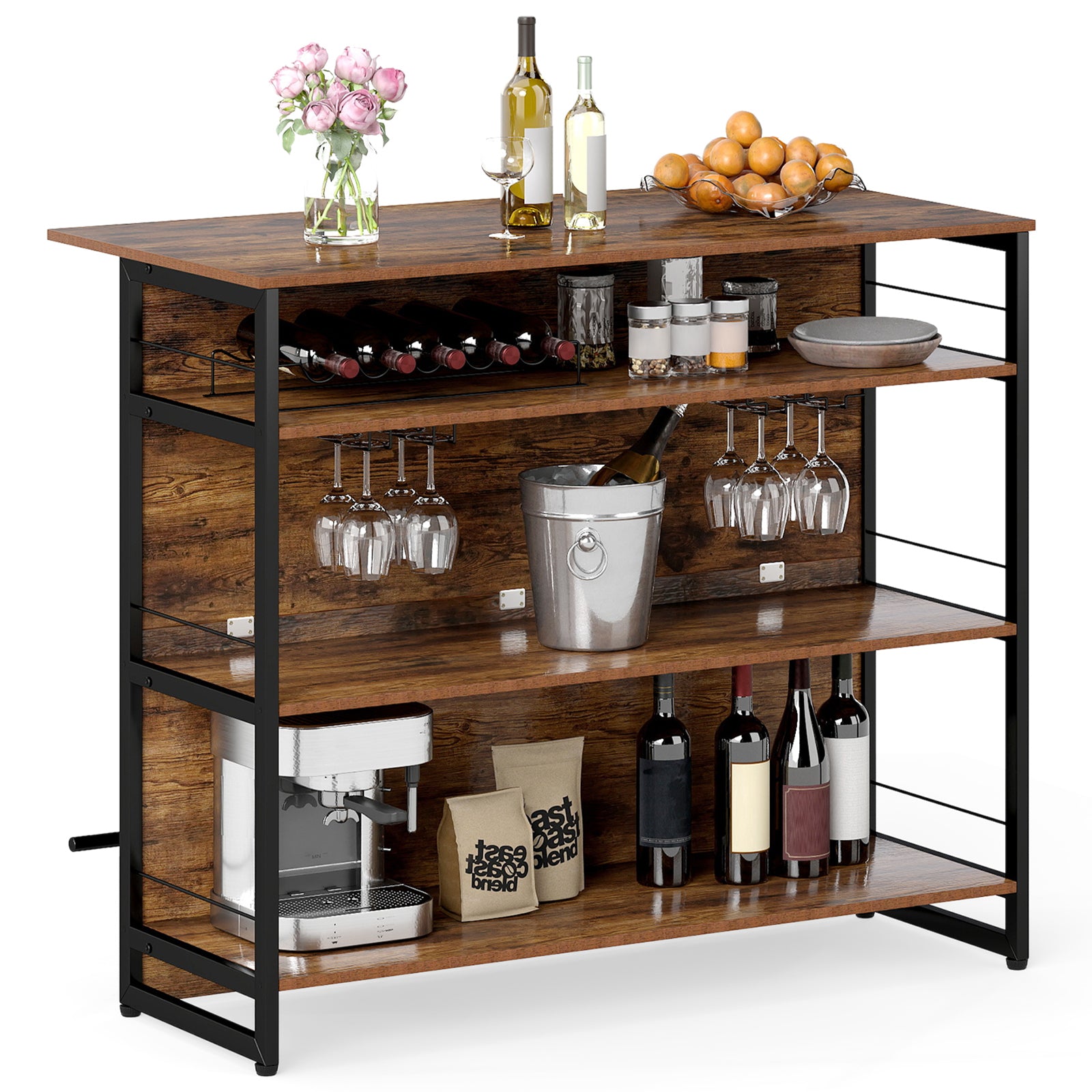 4-Tier Mini Bar Kitchen Island with Footrest and Wine Rack, Coffee