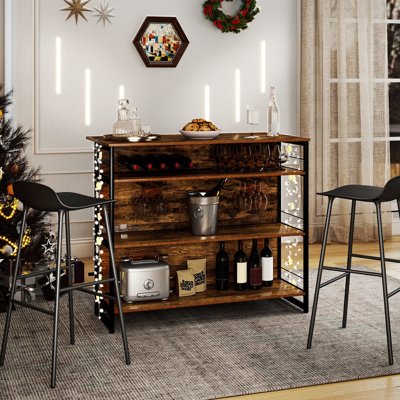 4-Tier Mini Bar Kitchen Island with Footrest and Wine Rack, Coffee