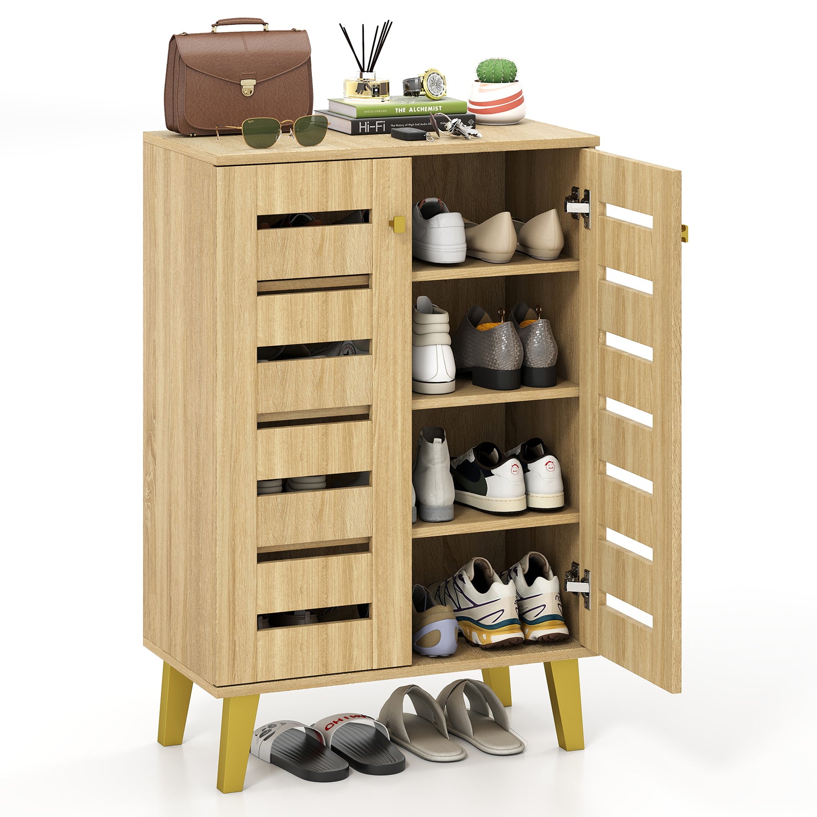 4-Tier Modern Freestanding Wooden Shoe Cabinet with Doors and Removable Shelves, Oak Shoe Racks & Storage Benches at Gallery Canada