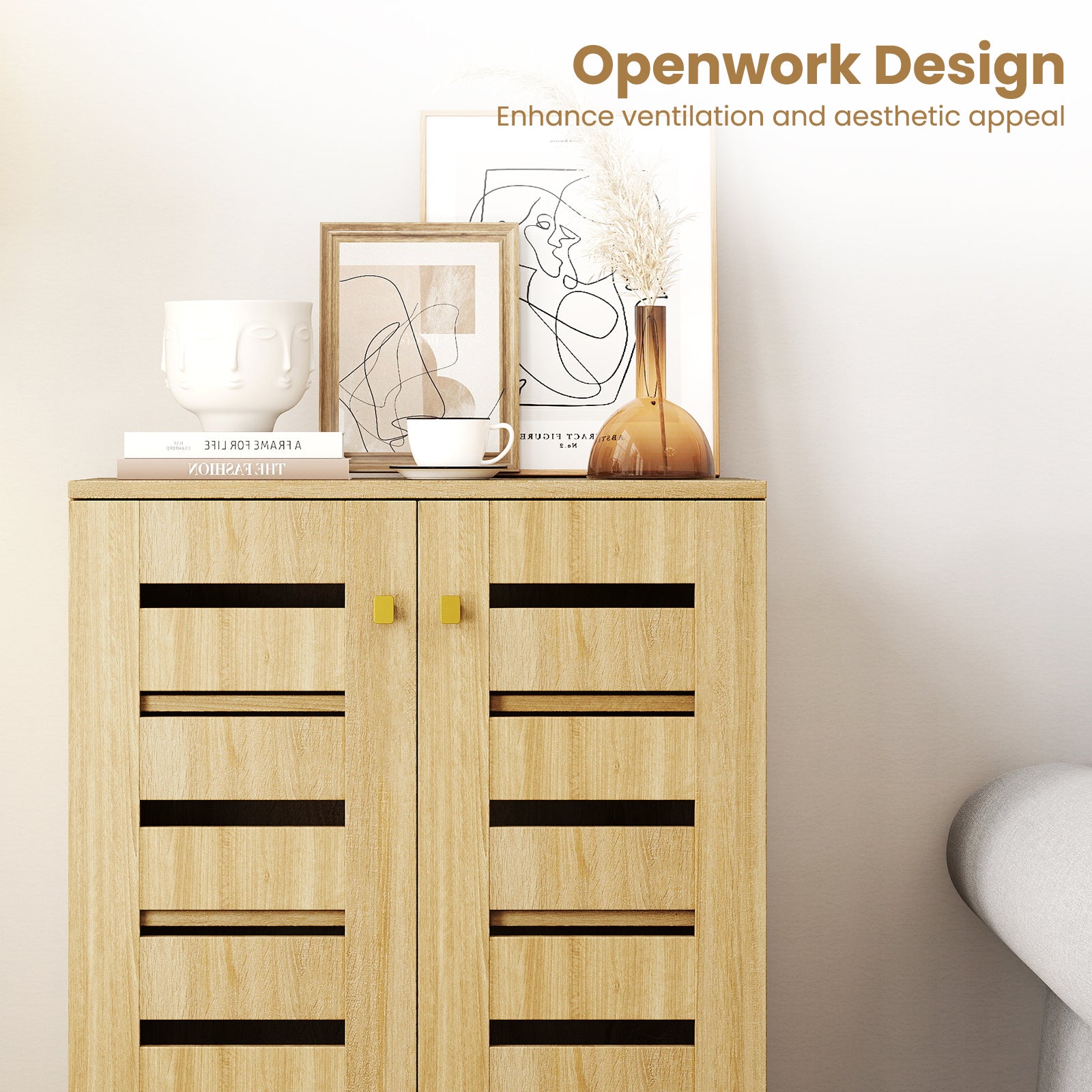 4-Tier Modern Freestanding Wooden Shoe Cabinet with Doors and Removable Shelves, Oak Shoe Racks & Storage Benches at Gallery Canada