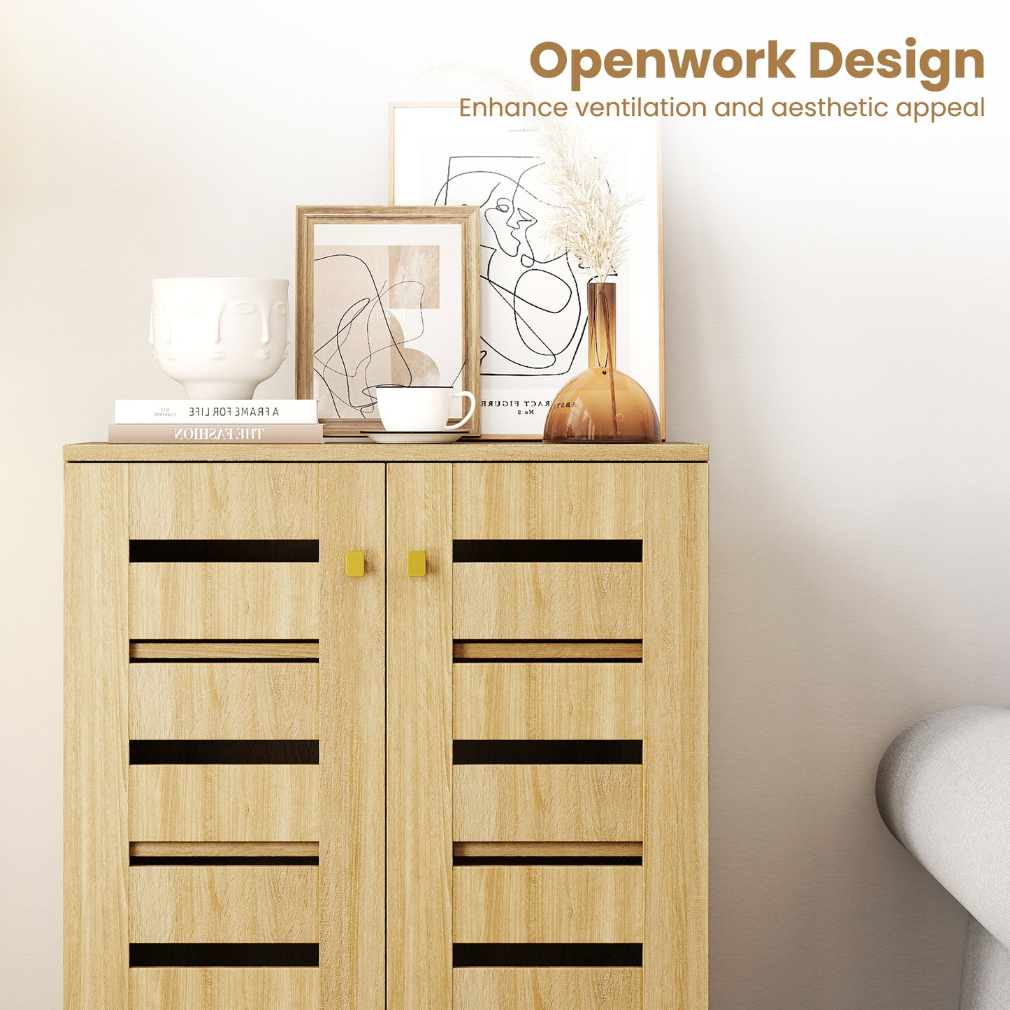 4-Tier Modern Freestanding Wooden Shoe Cabinet with Doors and Removable Shelves, Oak Shoe Racks & Storage Benches at Gallery Canada