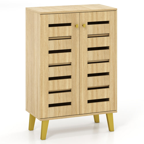 4-Tier Wooden Shoe Cabinet With Doors, Removable Shelves, Oak