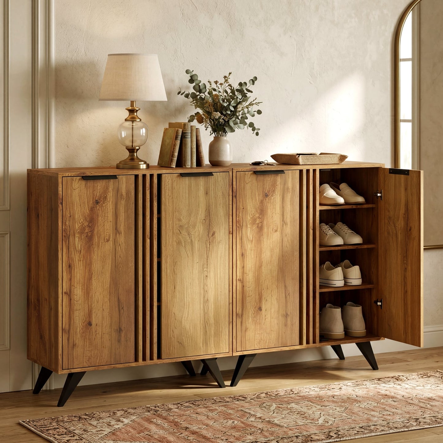 4-Tier Hidden Shoe Cabinet, 2 Doors, Natural