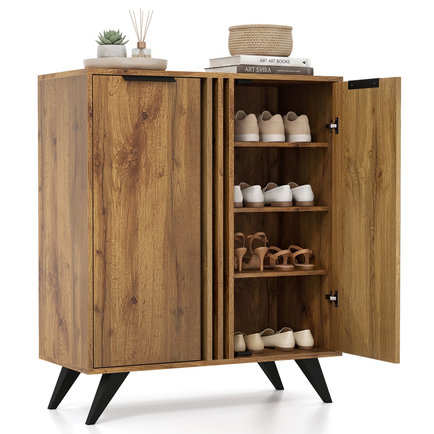 4-Tier Hidden Shoe Cabinet, 2 Doors, Natural