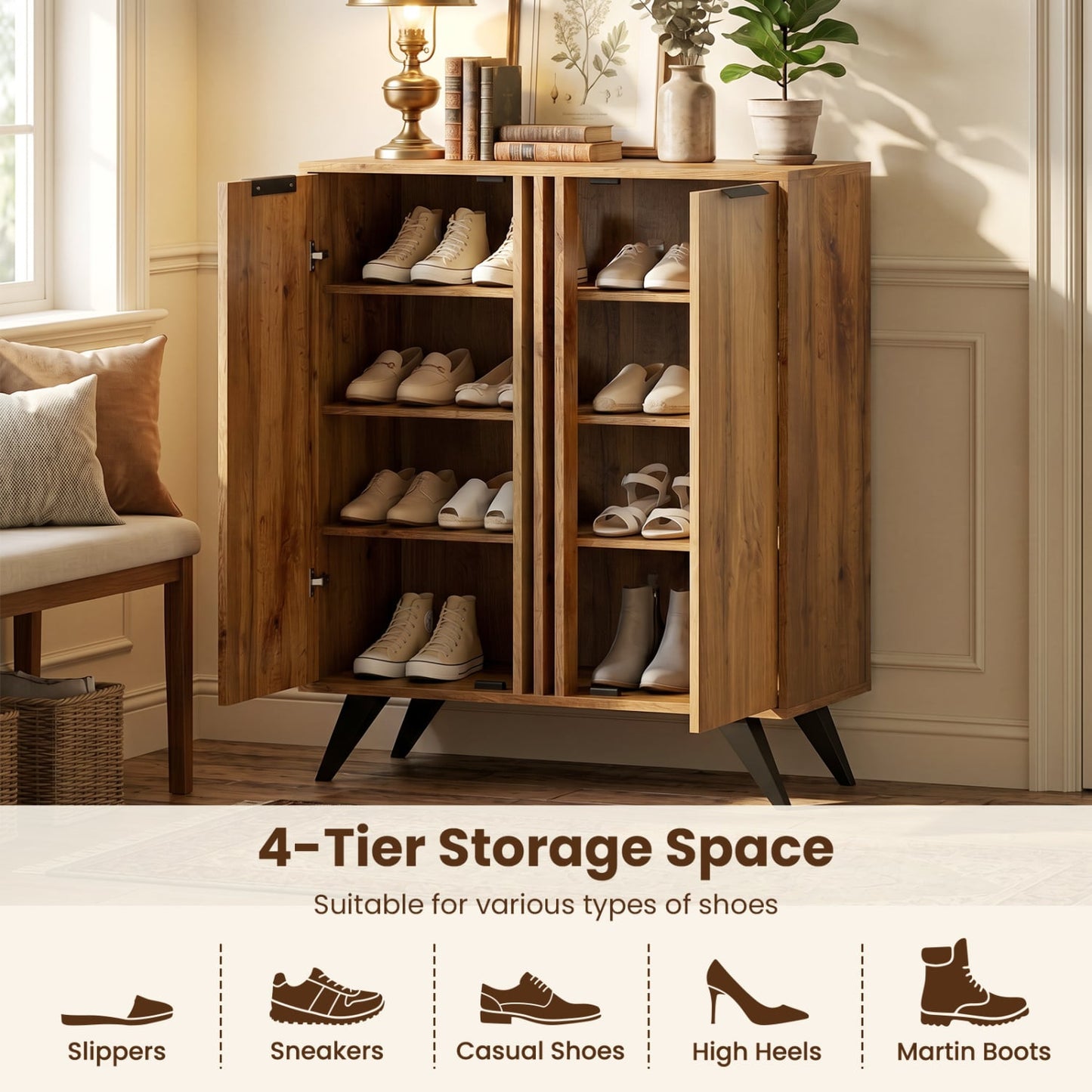 4-Tier Hidden Shoe Cabinet, 2 Doors, Natural