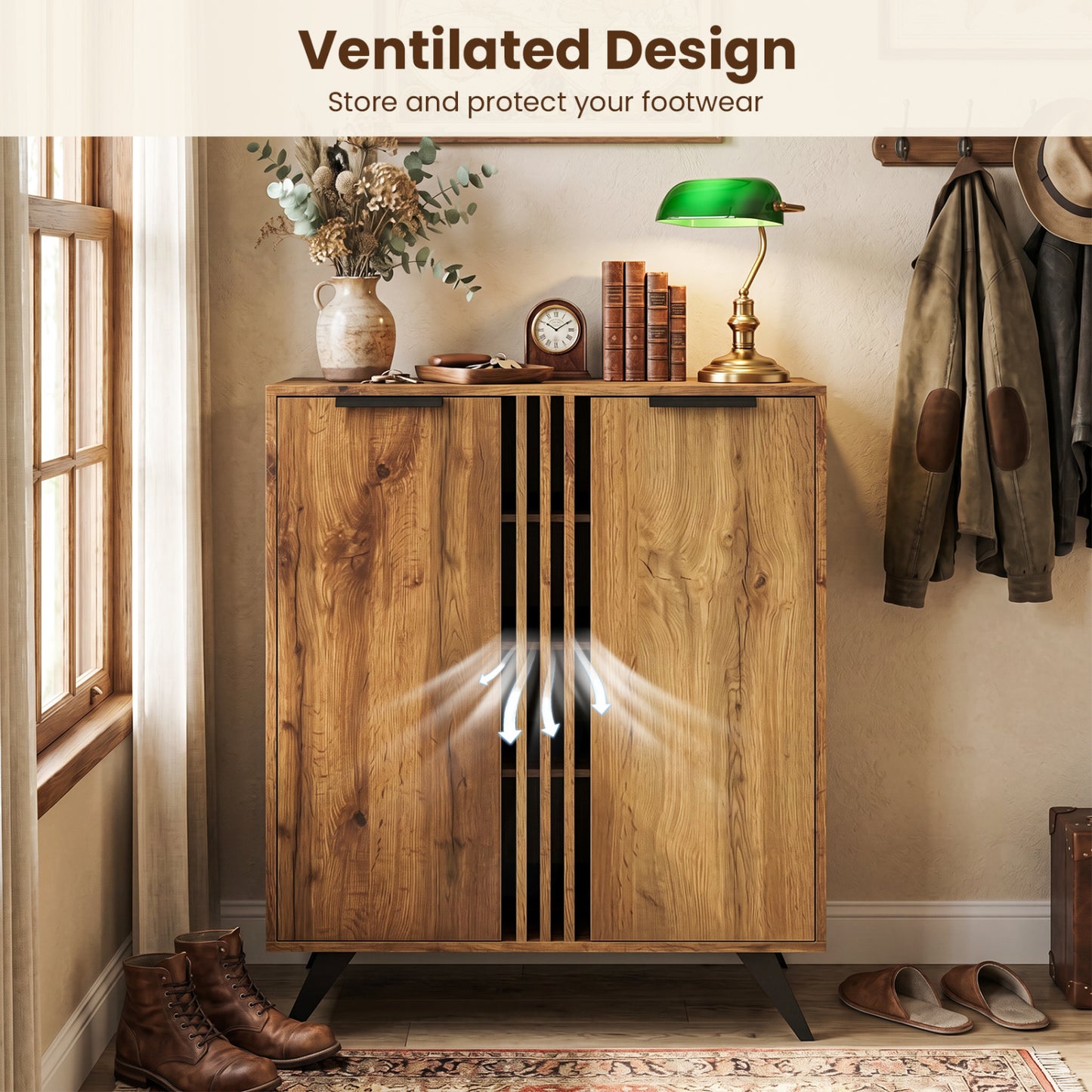 4-Tier Hidden Shoe Cabinet, 2 Doors, Natural